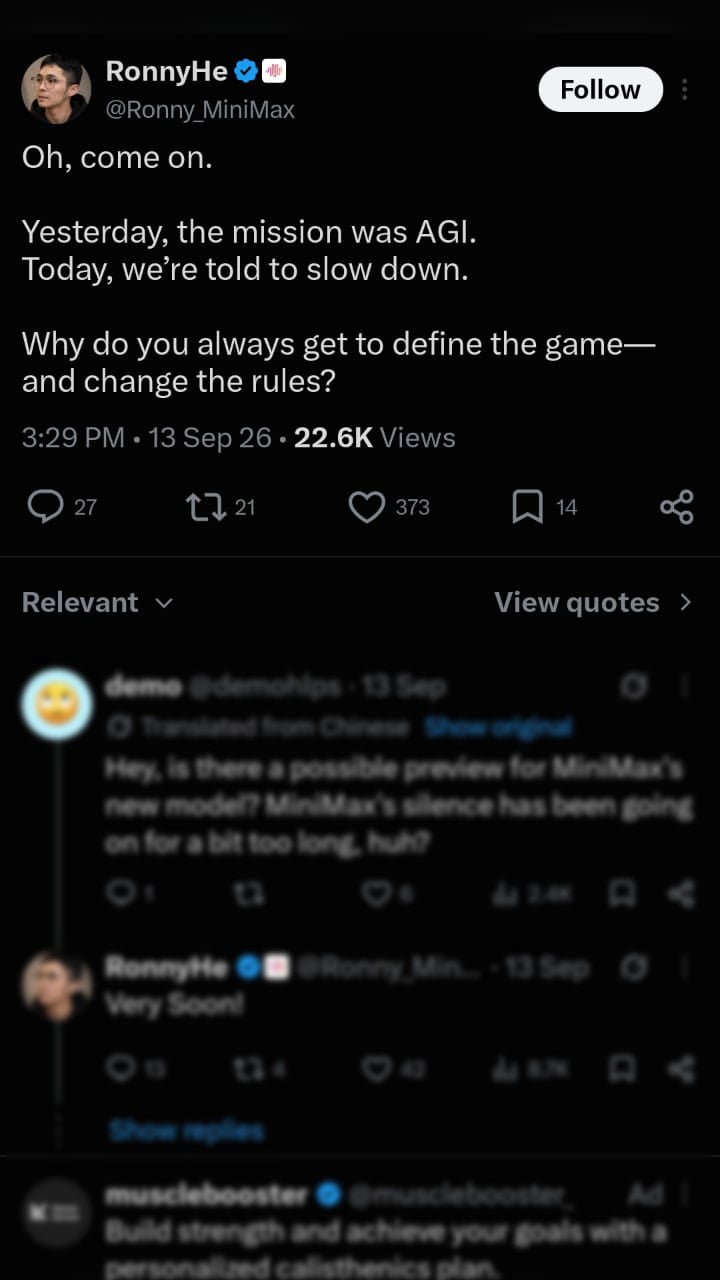 Tweet from user RonnyHe discussing shifting priorities in AI development, emphasizing frustration with changing expectations