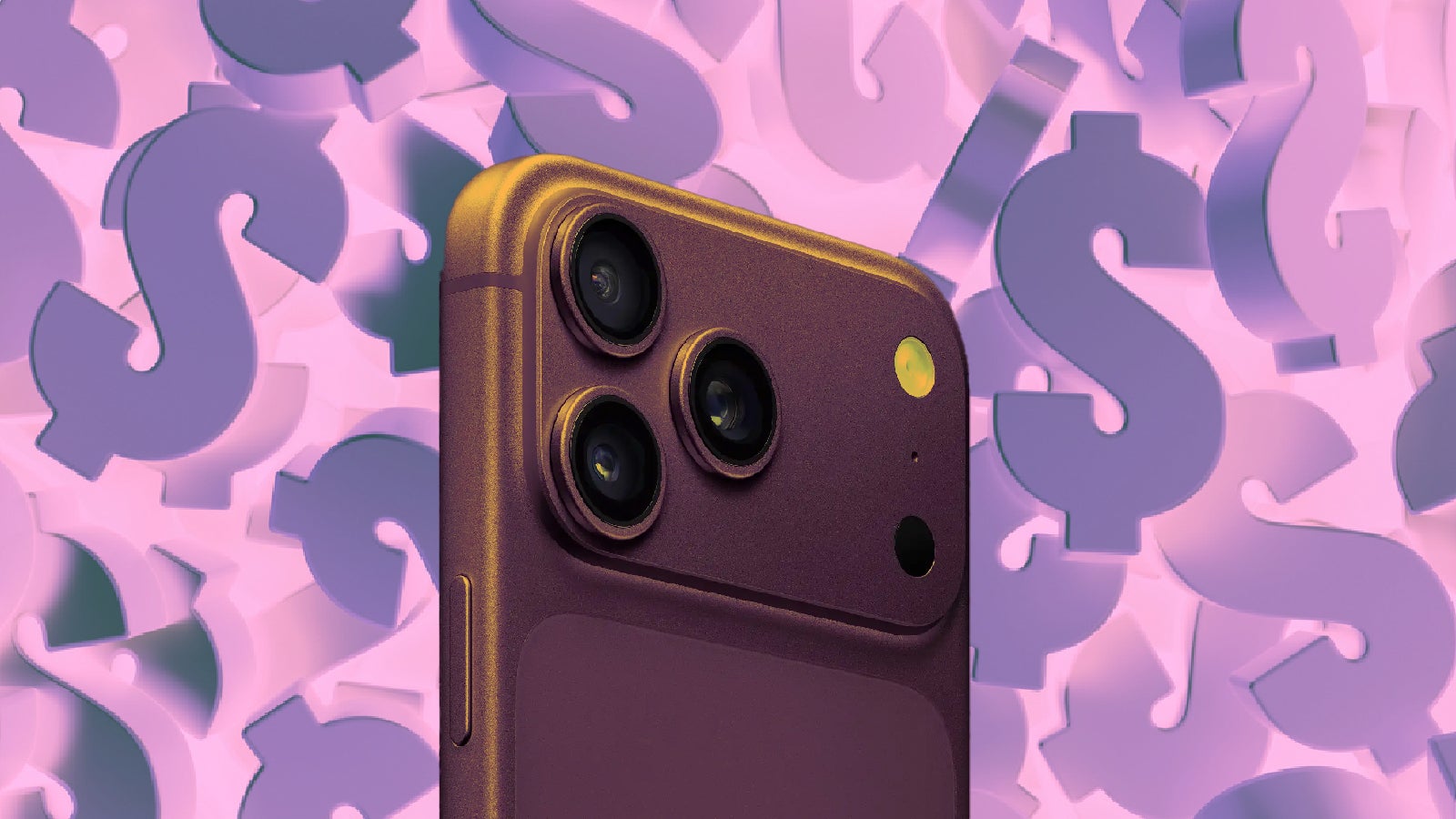 A smartphone with three camera lenses, set against a background of dollar signs and question marks