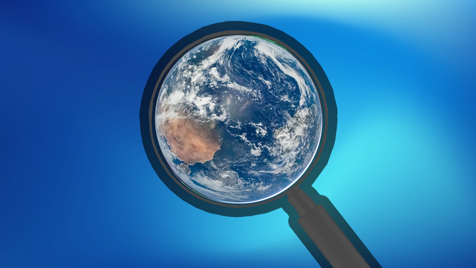 Earth viewed through a magnifying glass against a blue background, symbolizing exploration or discovery